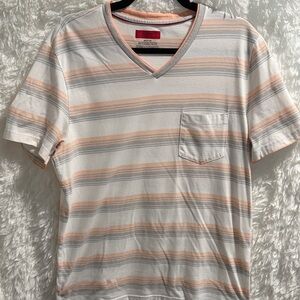 Alfani Cream and Tan Striped V-Neck Tee